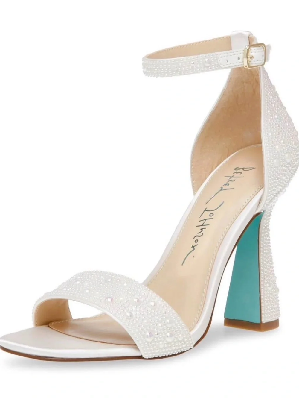 Betsey Johnson White Beaded Ankle-Strap Block Heel Sandals